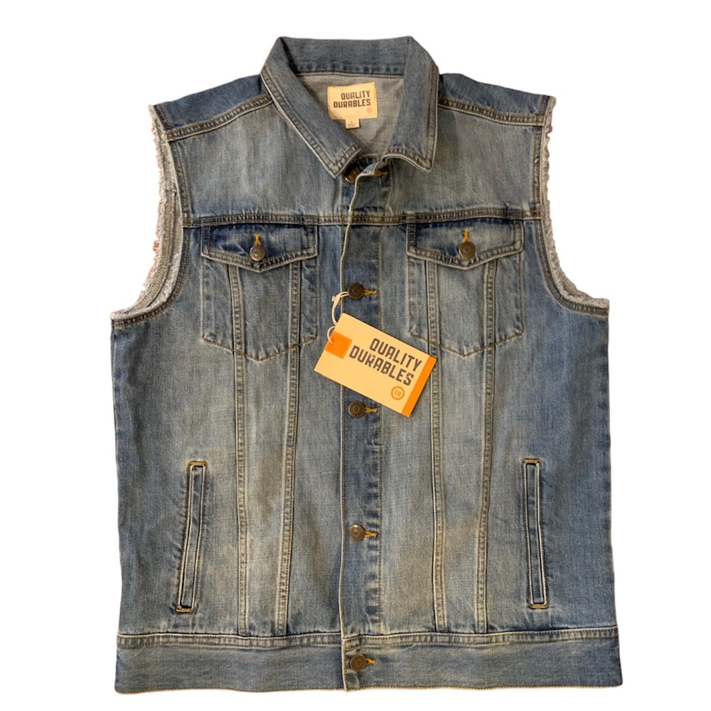 Quality Durables Size XL Sleeveless Washed Long Blue Denim Vest Button Down